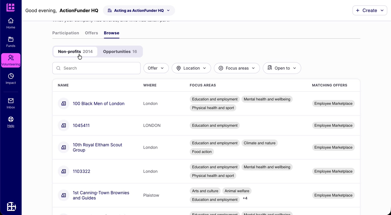 Browse tab showing a list of matching non-profits with location, focus areas and matching offers