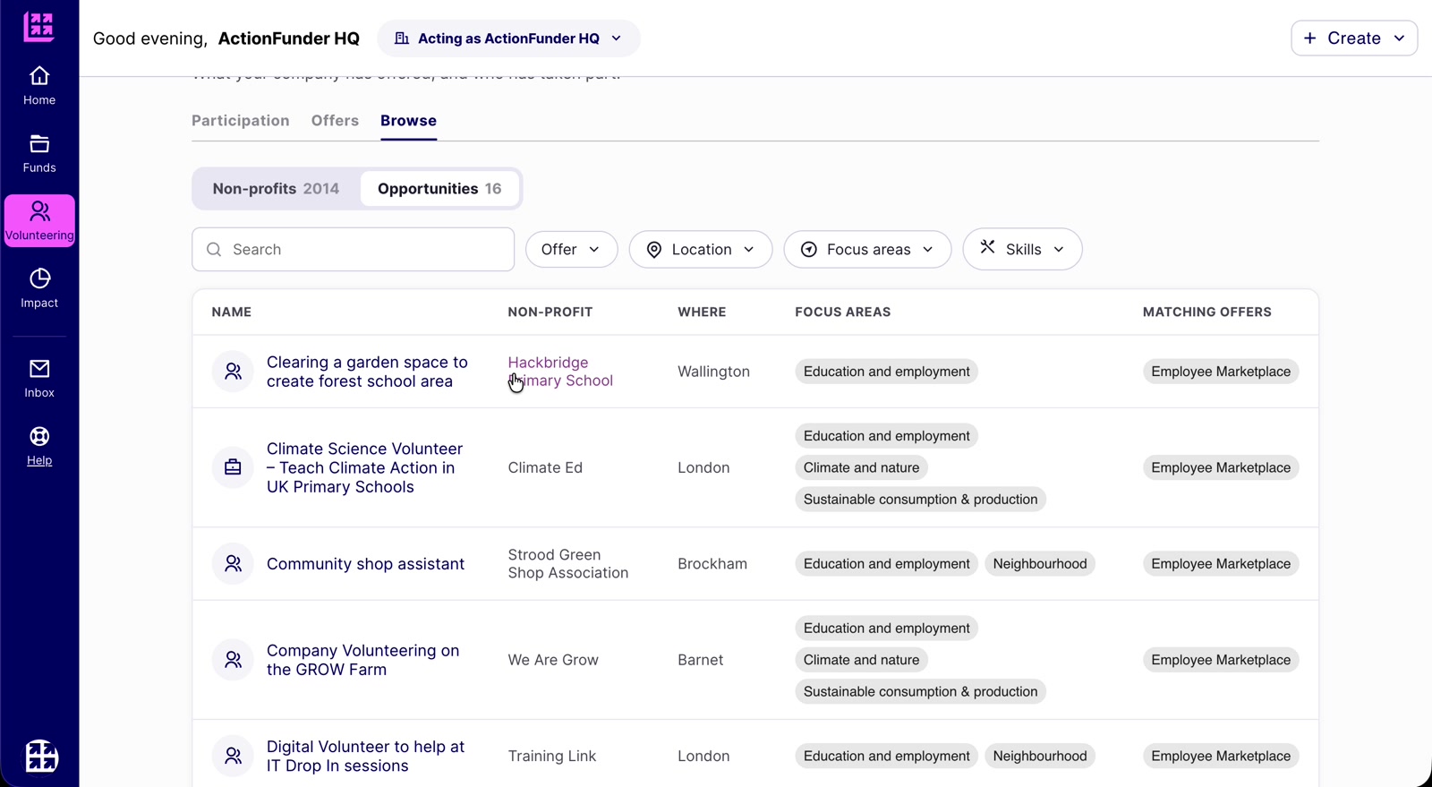 Browse tab showing a list of matching volunteering opportunities