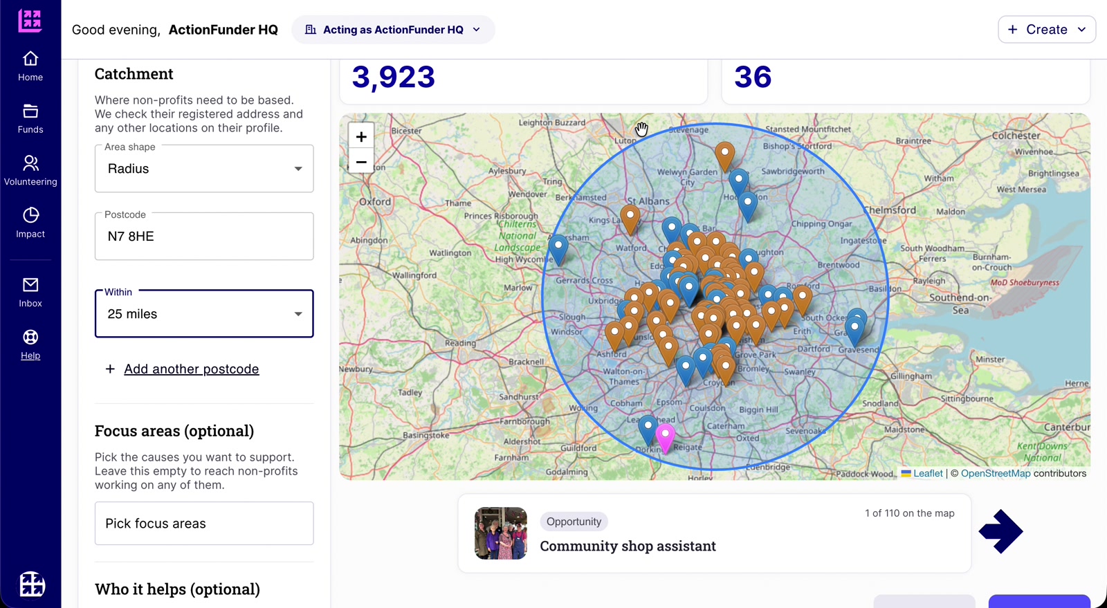 Radius catchment set to 25 miles around a postcode, with matching non-profits shown on the map