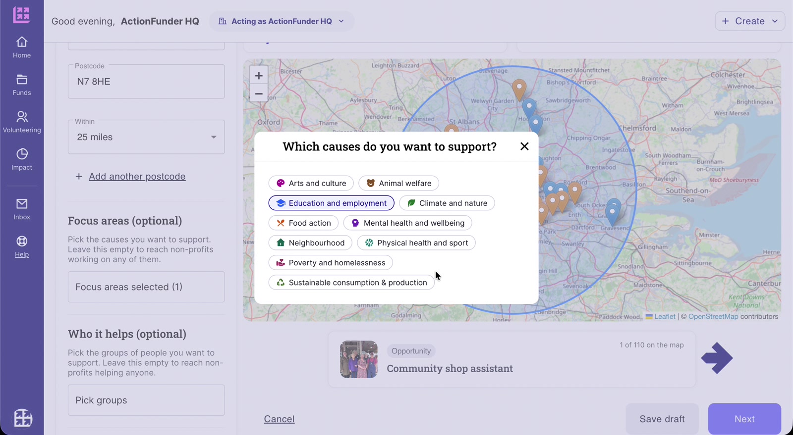 Which causes do you want to support pop-up with focus areas to choose from