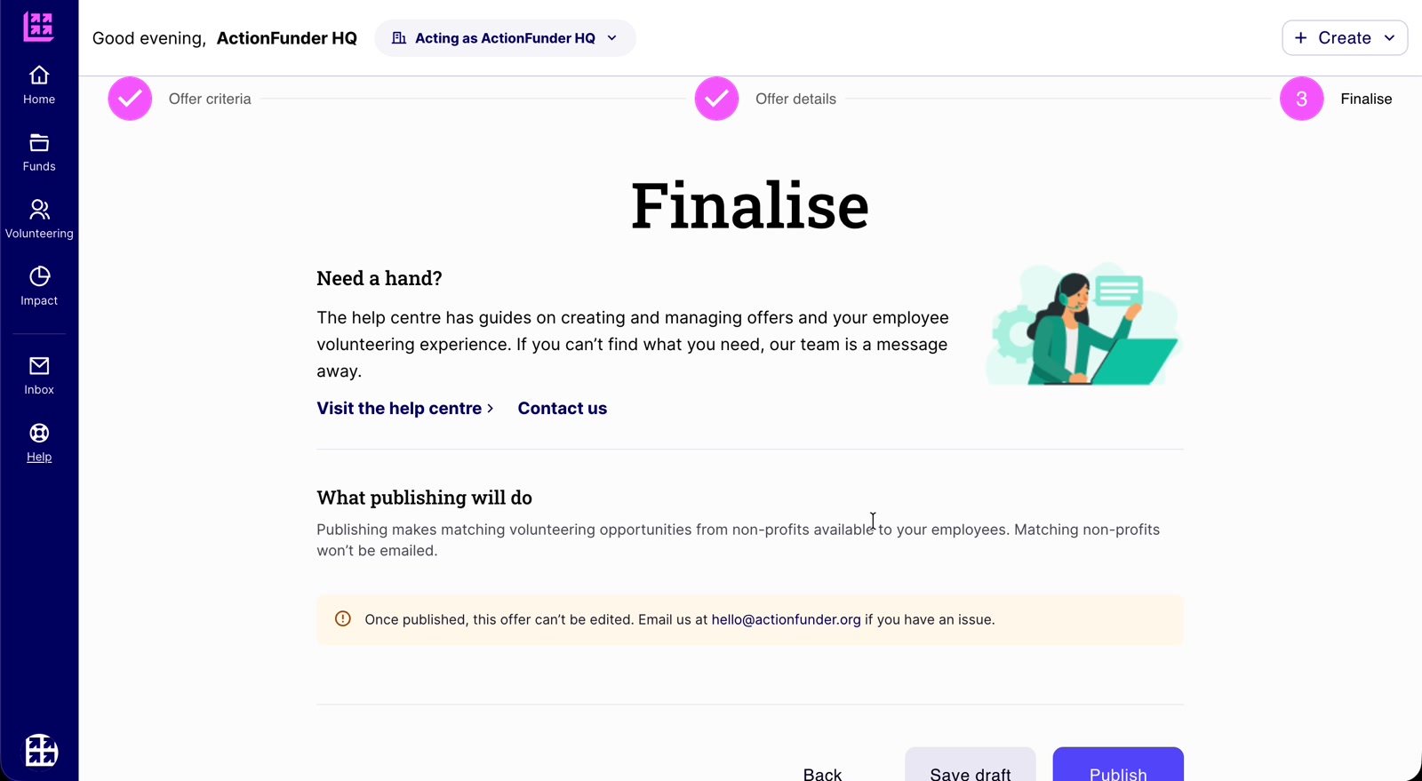 Finalise page explaining what publishing will do, with a note that published offers can't be edited
