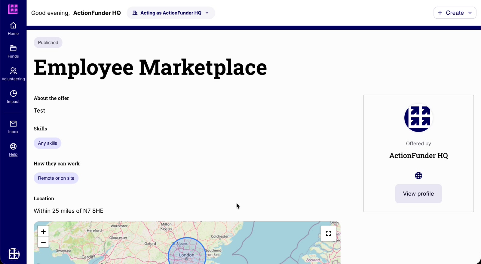 Published offer page showing the offer description, skills, how they can work and location