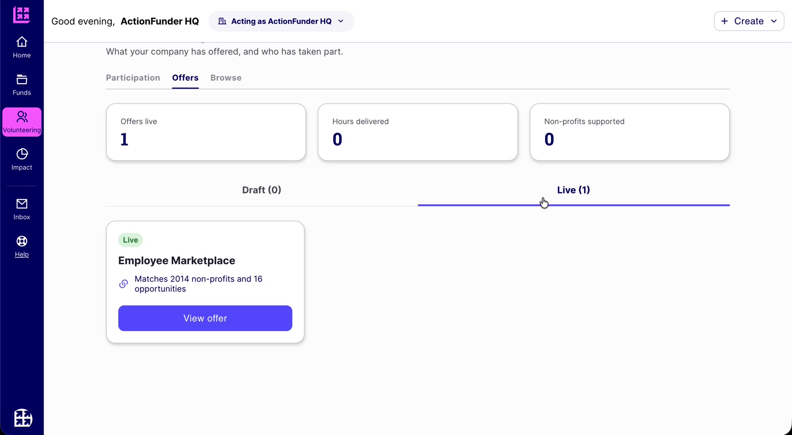 Live tab showing a published offer that matches 2014 non-profits and 16 opportunities