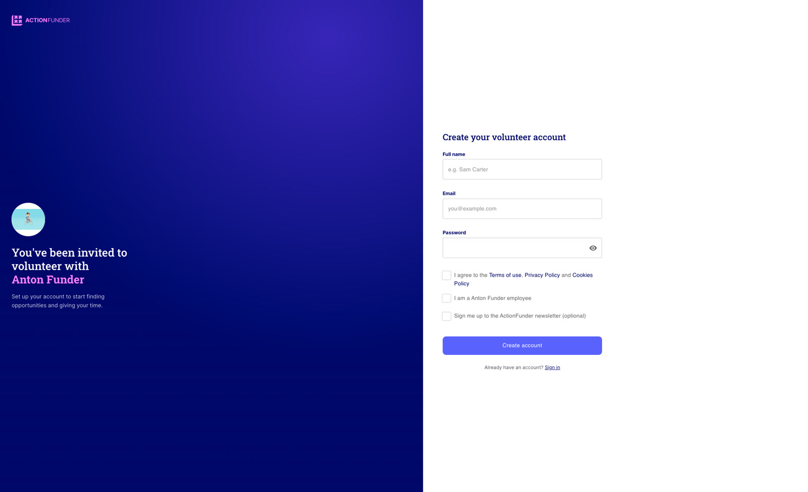 Create your volunteer account page with full name, email and password fields, three checkboxes and a Create account button