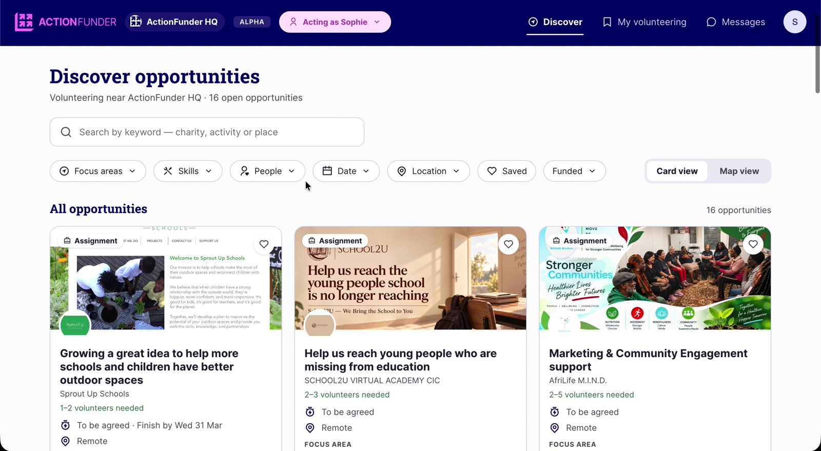 Discover opportunities page with search bar, filters and opportunity cards