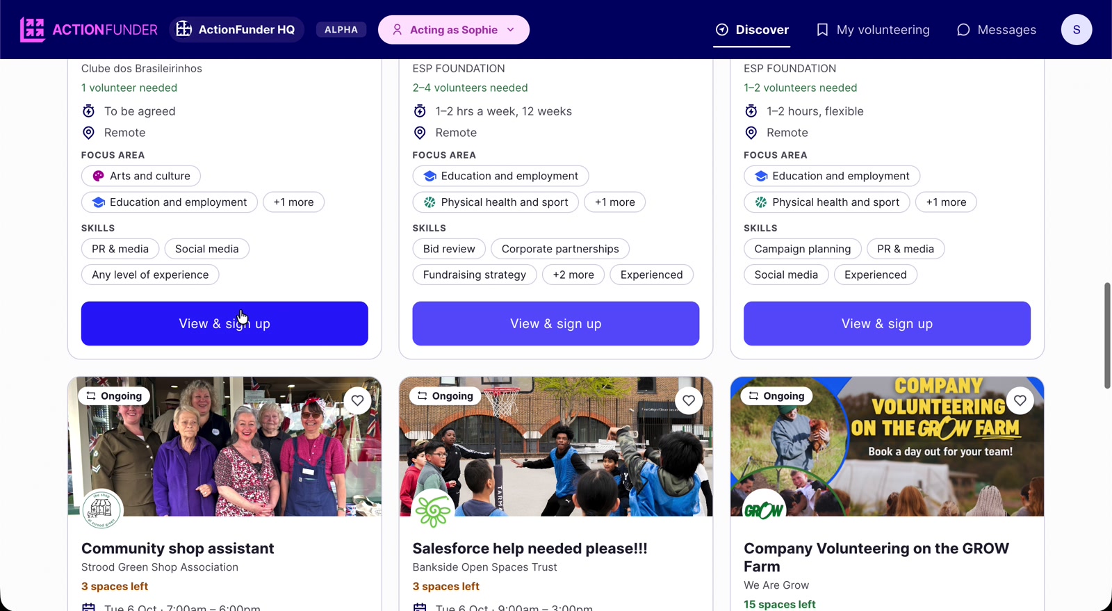 Opportunity cards showing commitment, location, focus areas, skills and a View and sign up button