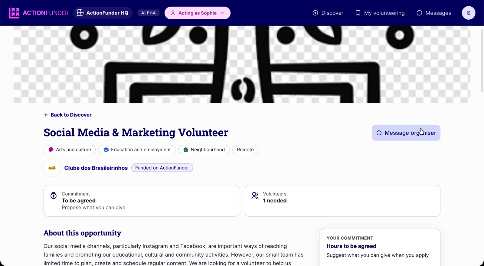 Opportunity page with the title, focus areas, non-profit name and a Message organiser button