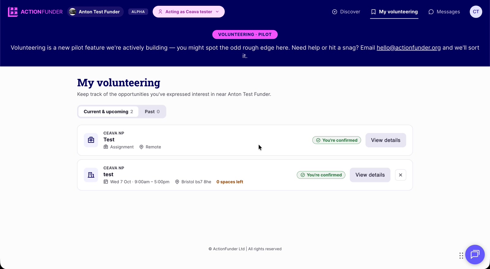 My volunteering page with an assignment and an event, both marked You're confirmed