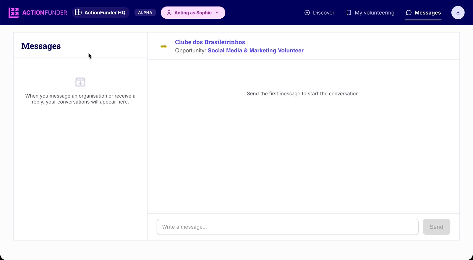 Messages page with a conversation open with a non-profit about an opportunity