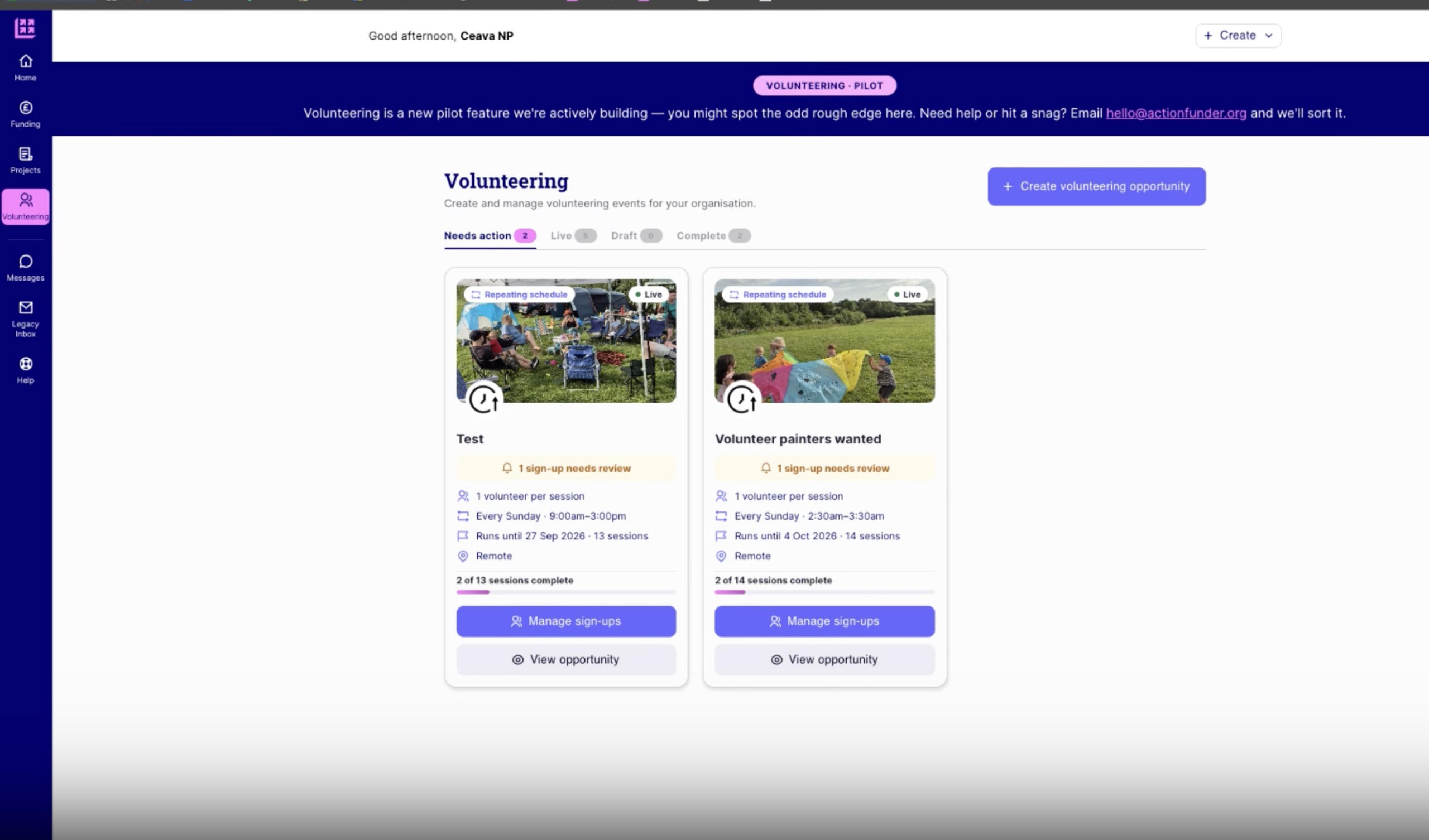Volunteering dashboard, Needs action tab, showing two opportunities each flagged "1 sign-up needs review" with a Manage sign-ups button