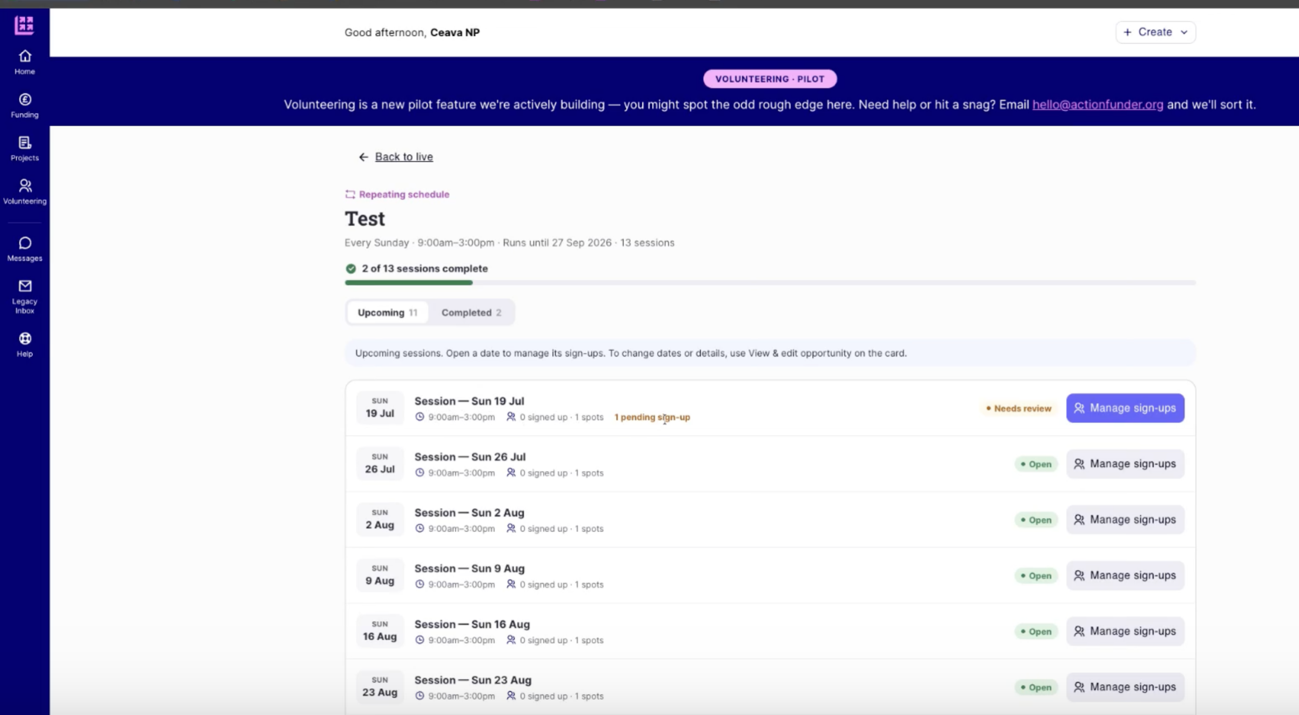 Session list for a recurring opportunity, with one session flagged "1 pending sign-up" and a Manage sign-ups button for each date
