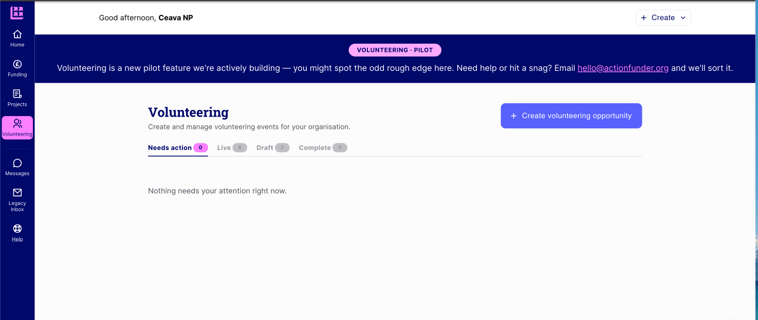 Volunteering home, showing the Needs action, Live, Draft and Complete tabs, and the Create volunteering opportunity button